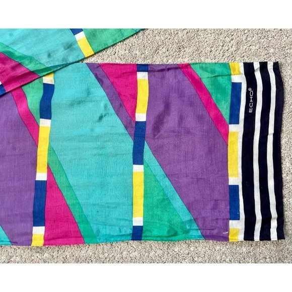 Vintage Scarf by Echo Geometric MOD in Green Purple Yellow Midcentury Pattern. - Picture 5 of 10
